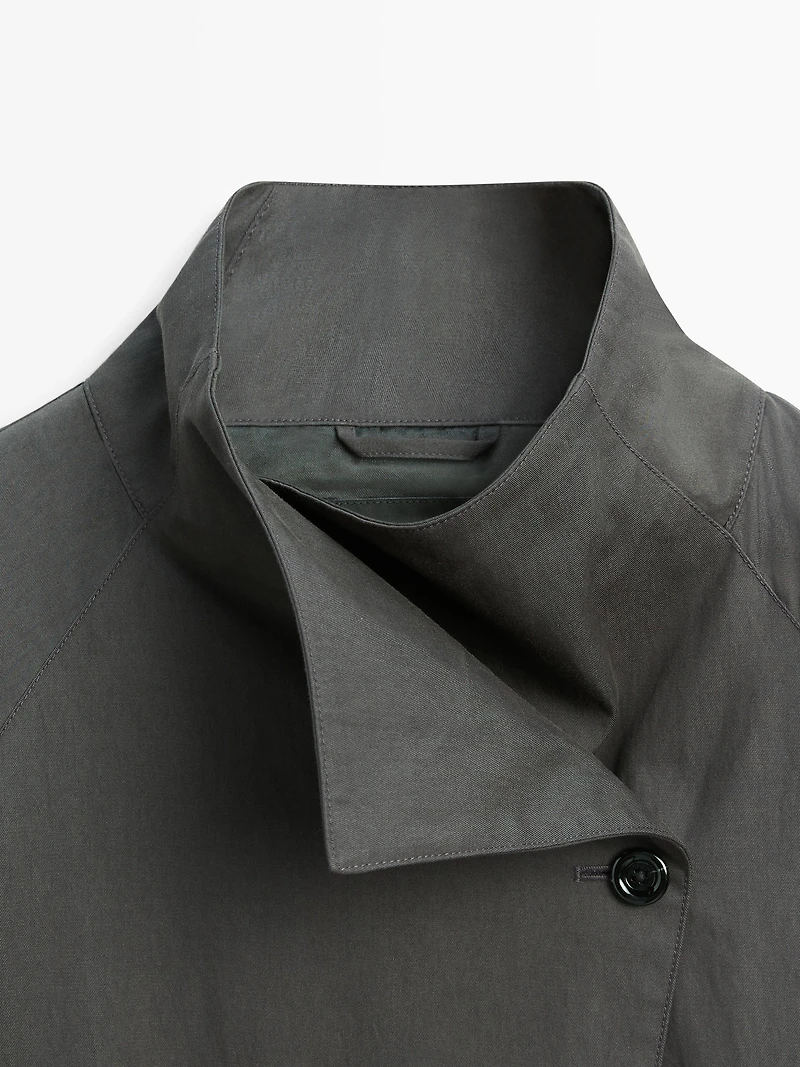 Short cotton blend trench coat with belt