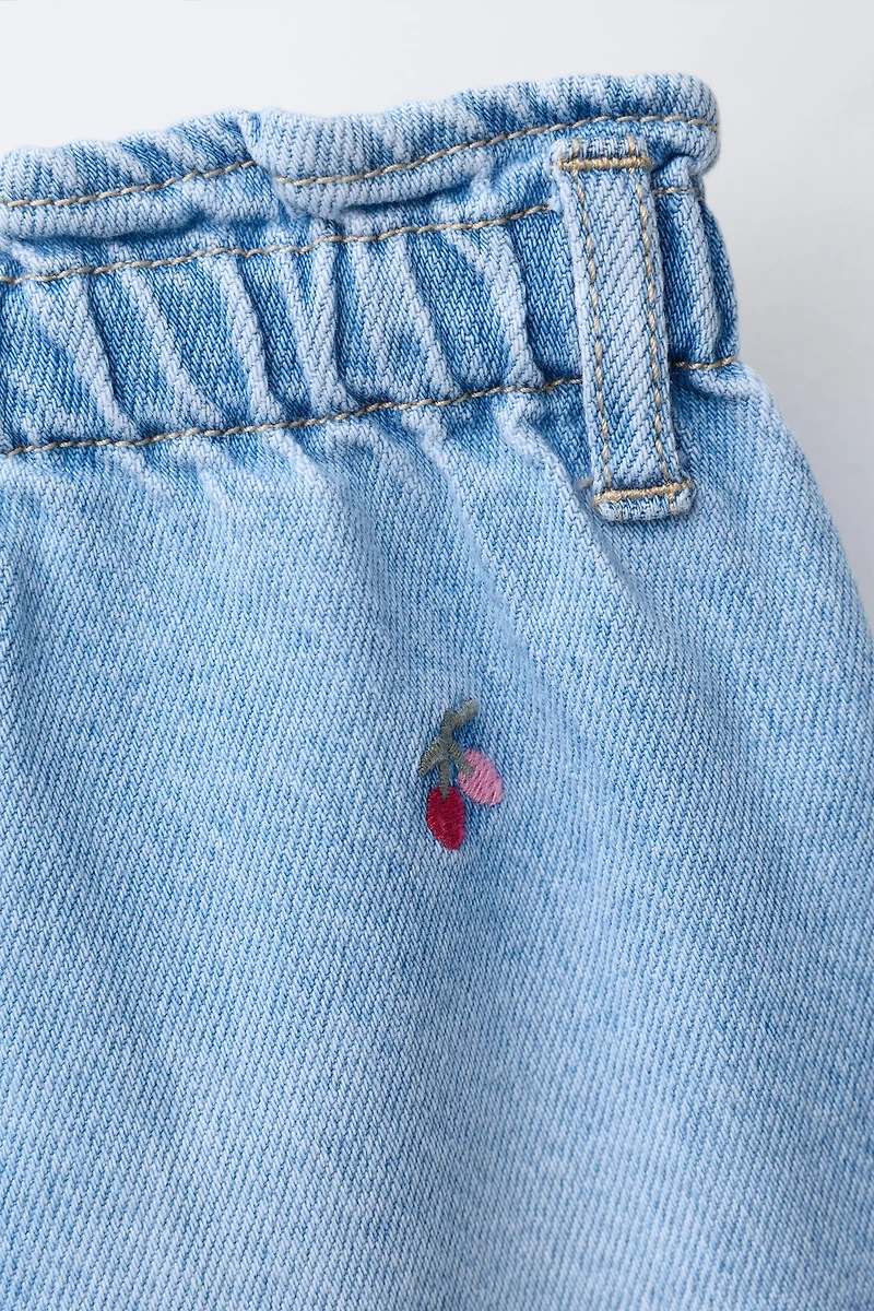 EMBROIDERED CHERRY PAPERBAG DENIM SHORTS