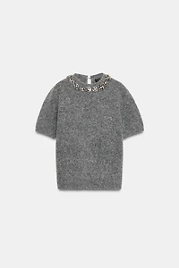 SHORT SLEEVE JEWEL BEAD KNIT JUMPER