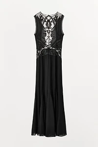 EMBROIDERED GODET DRESS WITH BEADING