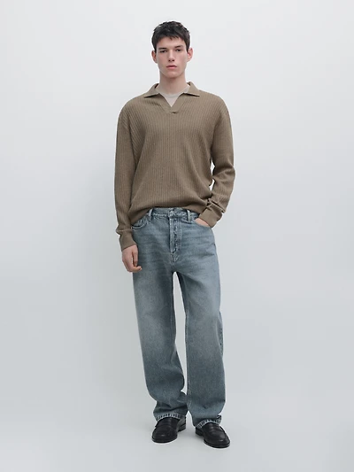 Cotton blend knit polo sweater