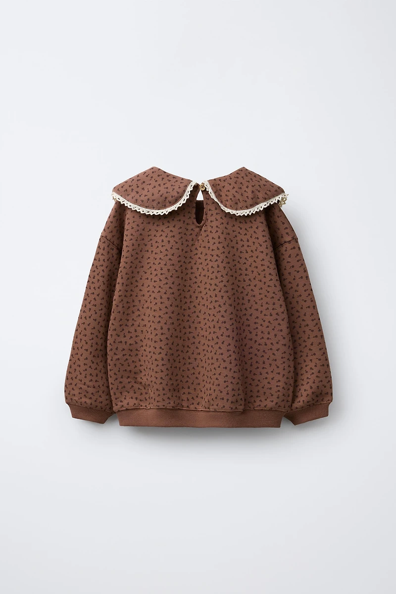 PETER PAN COLLAR LACE TRIM PRINTED SWEATSHIRT