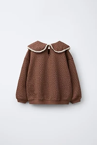 PETER PAN COLLAR LACE TRIM PRINTED SWEATSHIRT