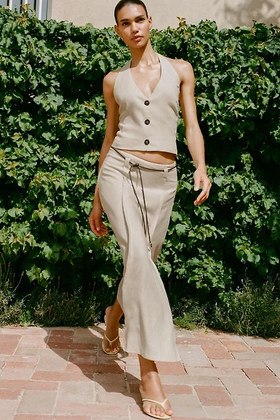 LINEN BELTED MIDI SKIRT