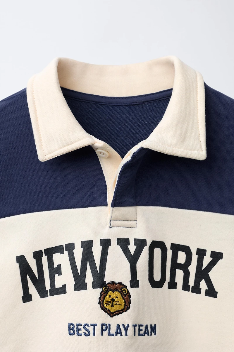 EMBROIDERED ANIMAL STRIPED POLO SWEATSHIRT