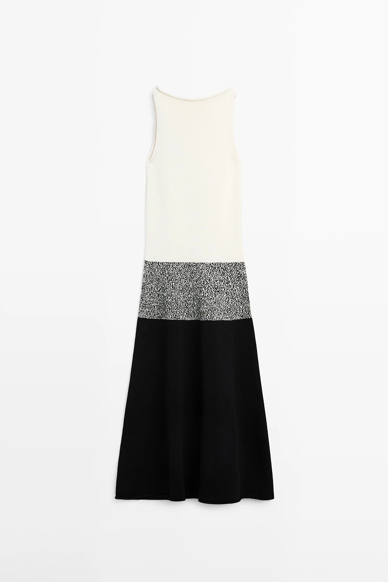 100% cotton contrast knit midi dress