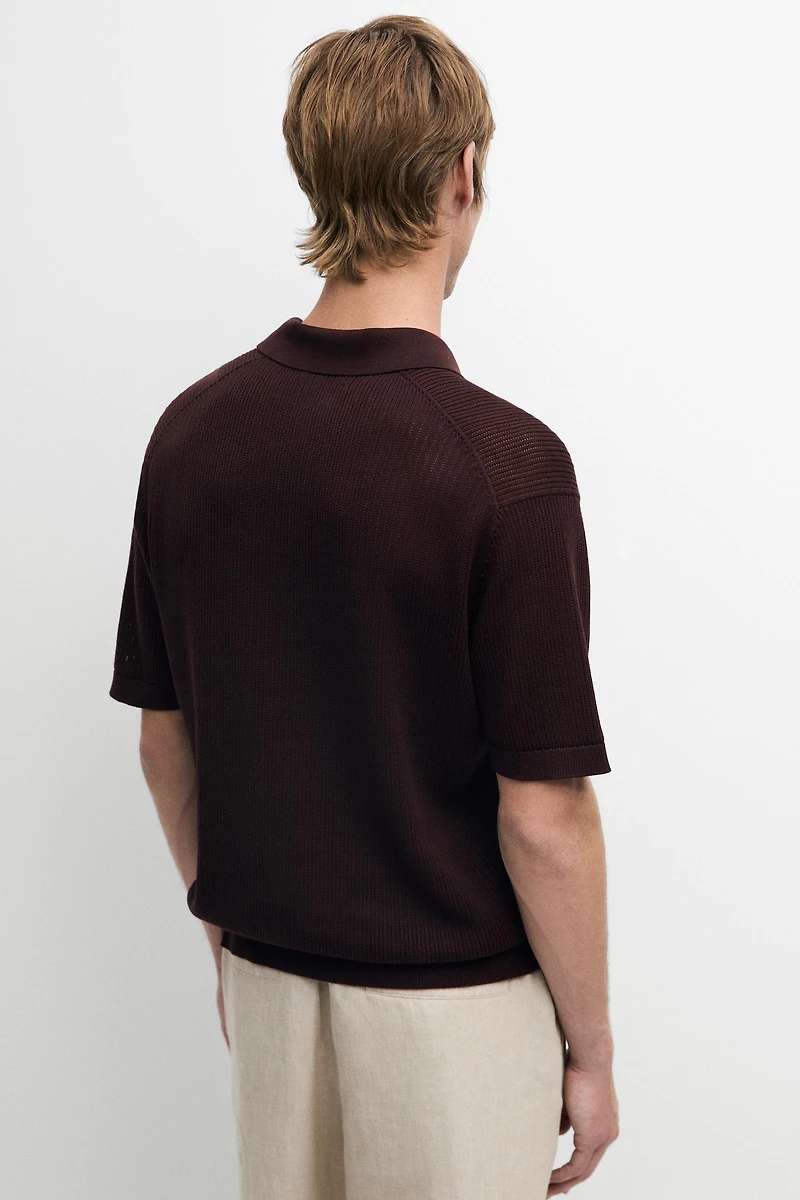 Cotton-blend V-neck knit polo shirt