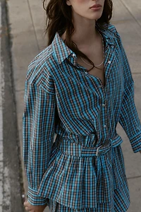PLAID RUFFLED BELTED SHORT DRESS