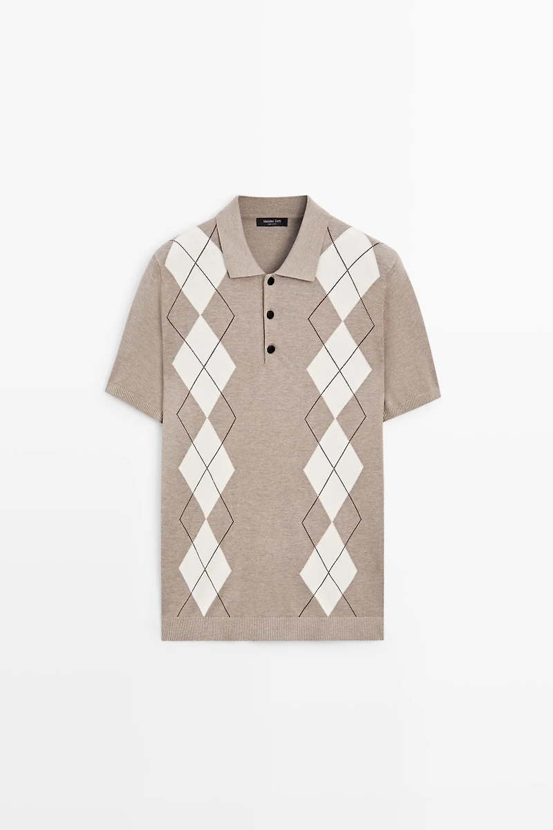 Cotton blend diamond pattern short sleeve polo shirt