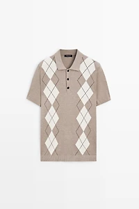 Cotton blend diamond pattern short sleeve polo shirt