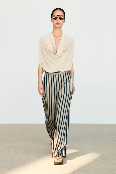 Striped wide-leg linen blend pants