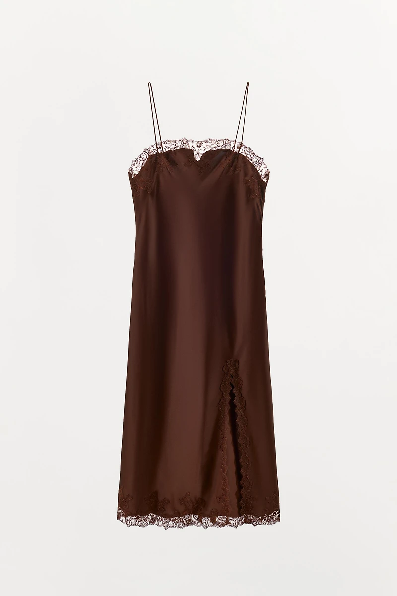 SATIN EFFECT LACE MIDI DRESS