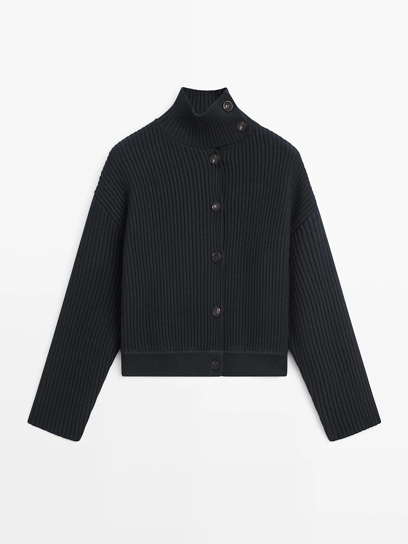 Cotton high neck knit cardigan