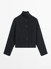 Cotton high neck knit cardigan