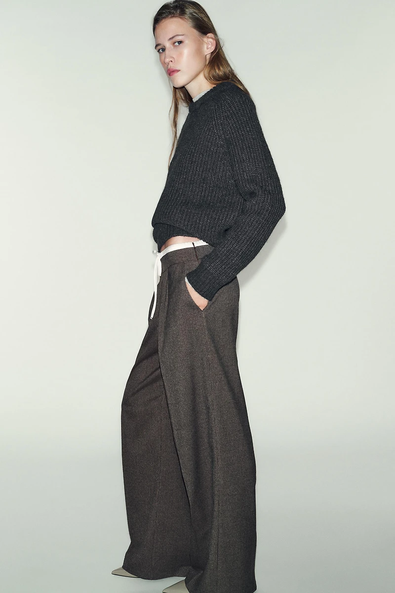 WIDE LEG DOUBLE WAISTBAND HOUNDSTOOTH PANTS