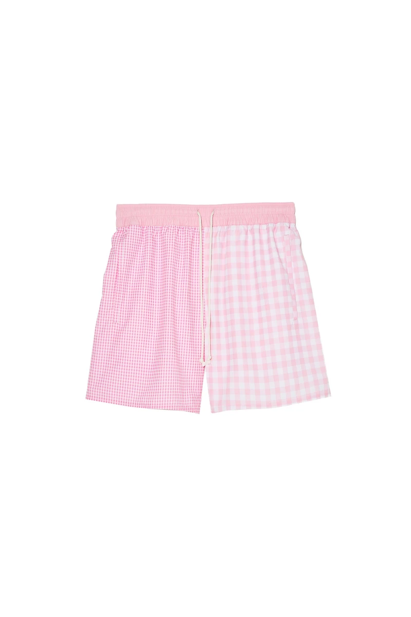 COMBINATION PLAID MID-LENGTH SWIMMING TRUNKS