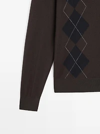 Wool blend argyle knit polo sweater