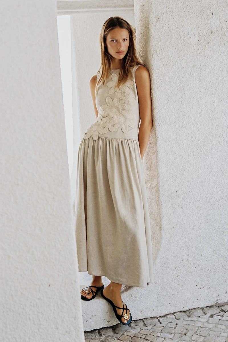 LINEN COMBINATION MIDI DRESS