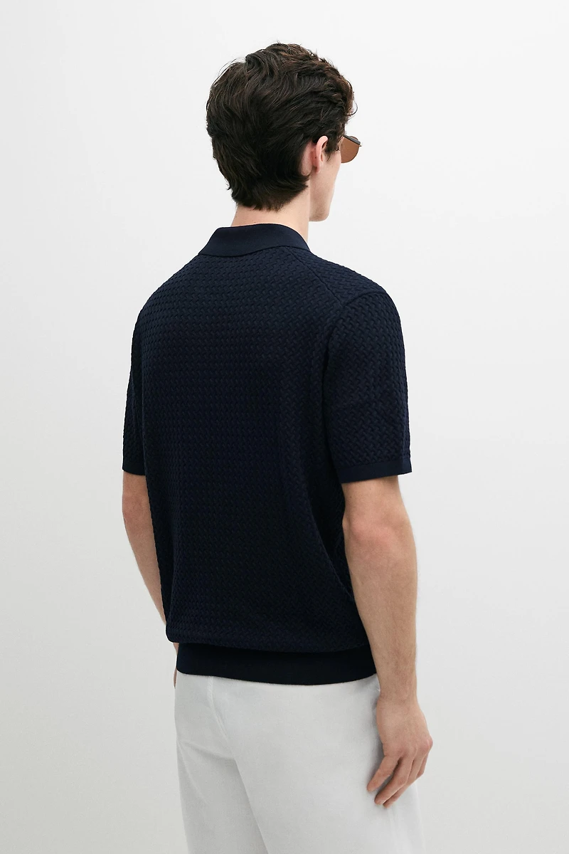 Cable-knit V-neck polo shirt