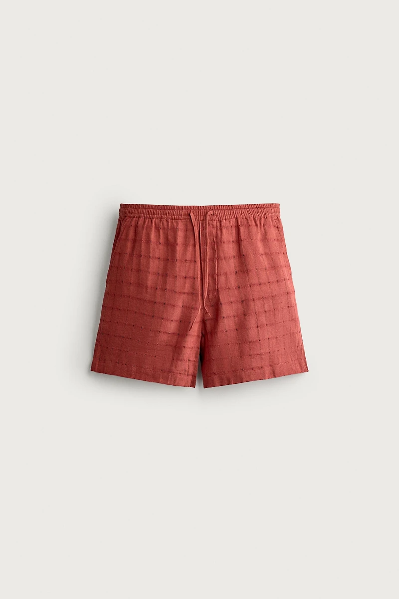 LINEN COTTON BLEND CHECKERED JACQUARD SHORTS