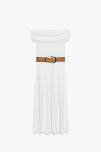 OFF-THE-SHOULDER COMBINATION MIDI DRESS WITH BELT