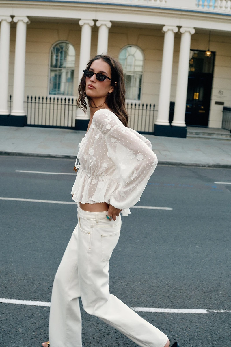 EMBROIDERED DOTTED MESH BLOUSE
