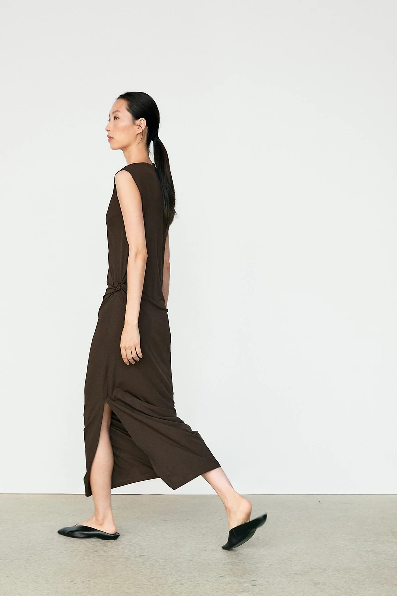 Asymmetric ruched midi dress