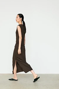 Asymmetric ruched midi dress