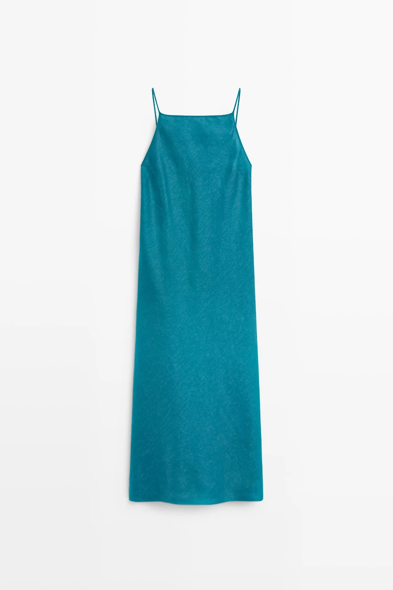 100% linen strappy midi dress