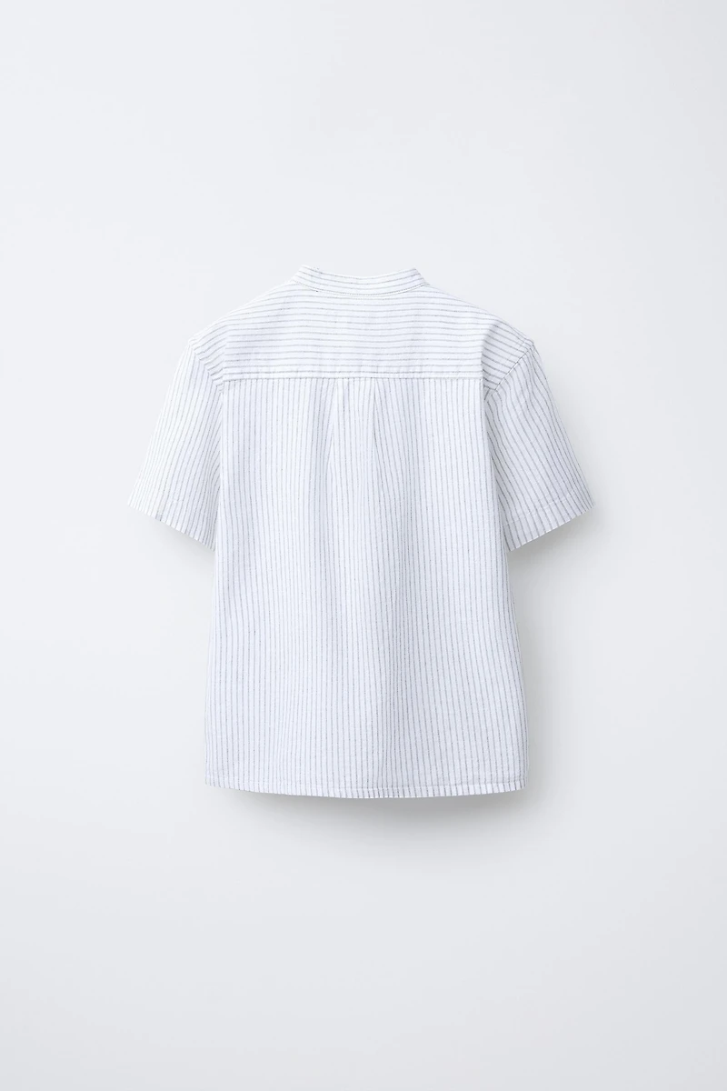 CHEMISE COL MAO À RAYURES COTON ET LIN