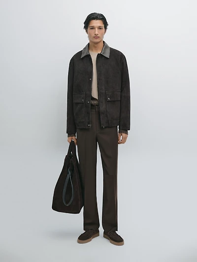 Veste en cuir finition daim à col contrastant