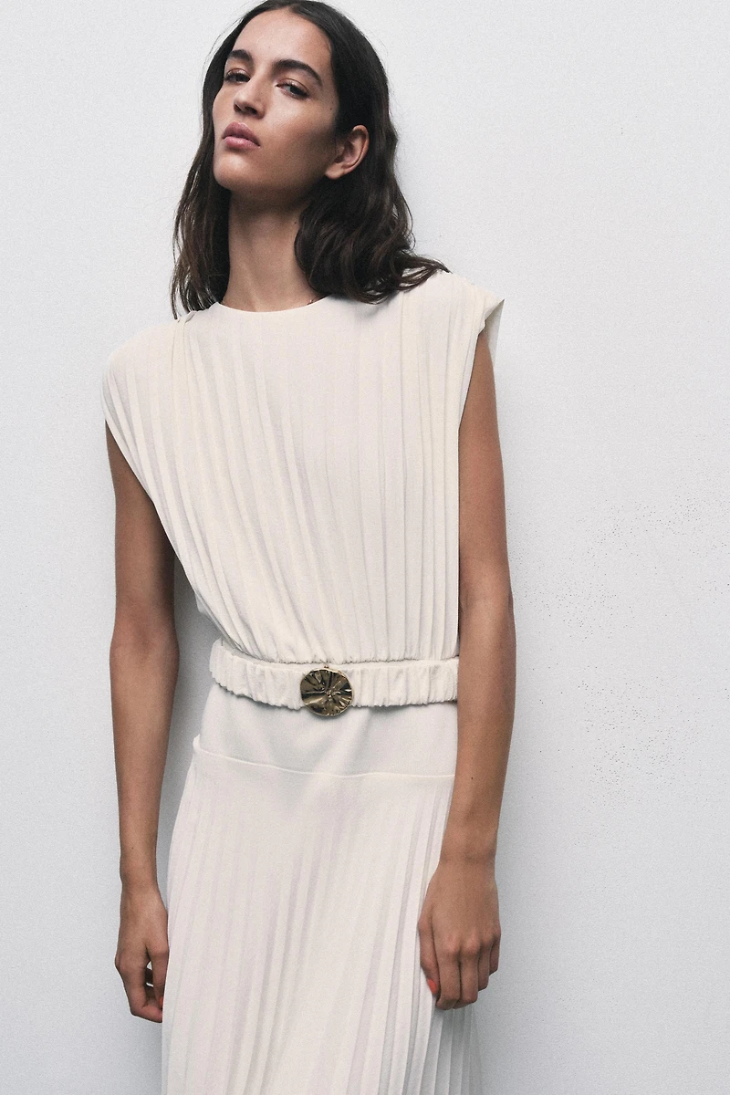 PLEATED BELTED MIDI DRESS