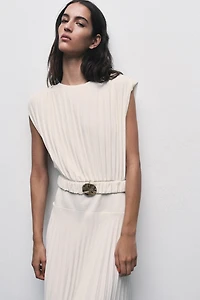 PLEATED BELTED MIDI DRESS