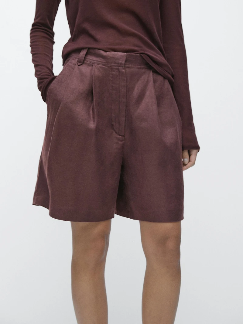 100% linen short pleated Bermuda shorts