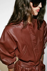 FAUX LEATHER SHOULDER PAD BOMBER JACKET
