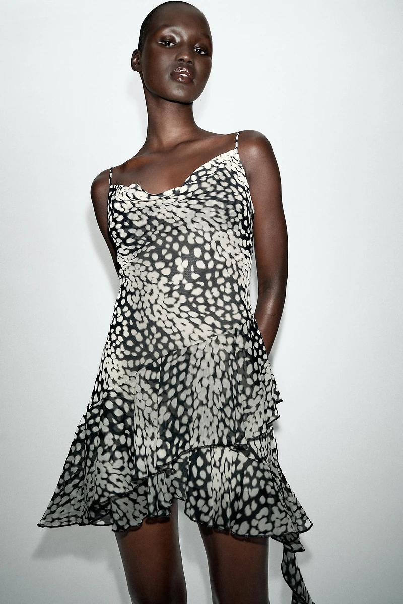 ASYMMETRIC PRINTED MINI DRESS