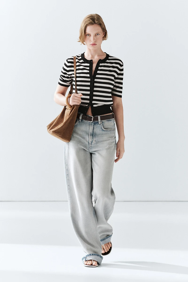 Striped short sleeve knit cardigan