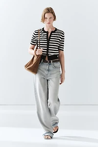 Striped short sleeve knit cardigan