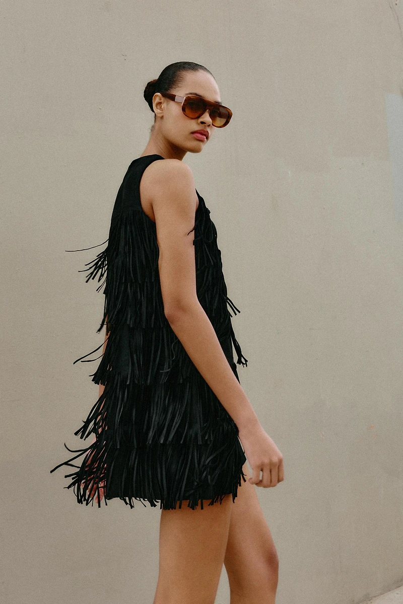 STUDDED FRINGED FAUX SUEDE DRESS
