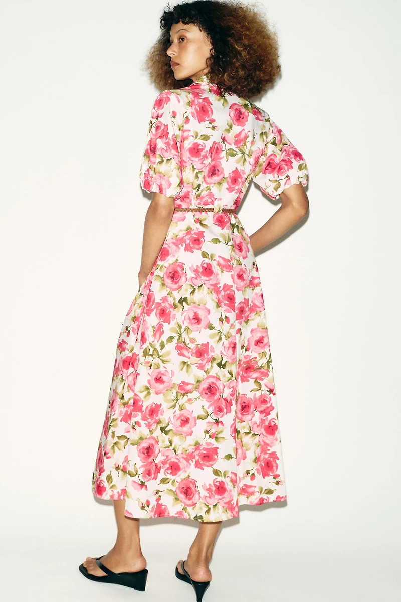 BELTED FLORAL PRINT MIDI DRESS