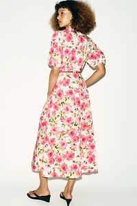 BELTED FLORAL PRINT MIDI DRESS