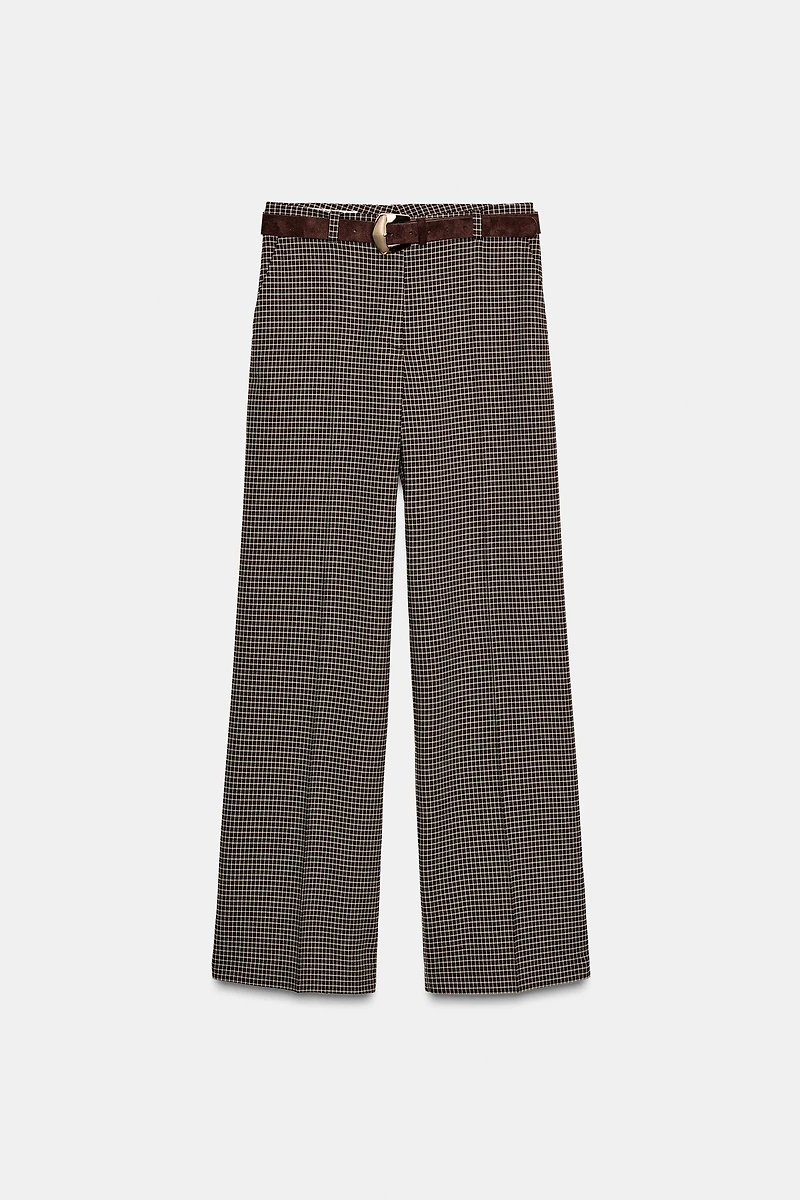 STRAIGHT-LEG PLAID BELTED PANTS