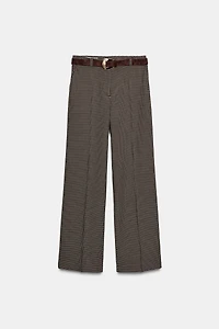 STRAIGHT-LEG PLAID BELTED PANTS