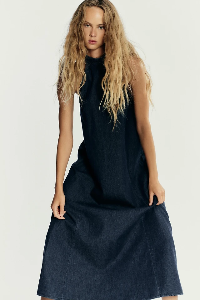 slim fit dress slacks Halter Neck Buckle Detail Denim Dress - Black