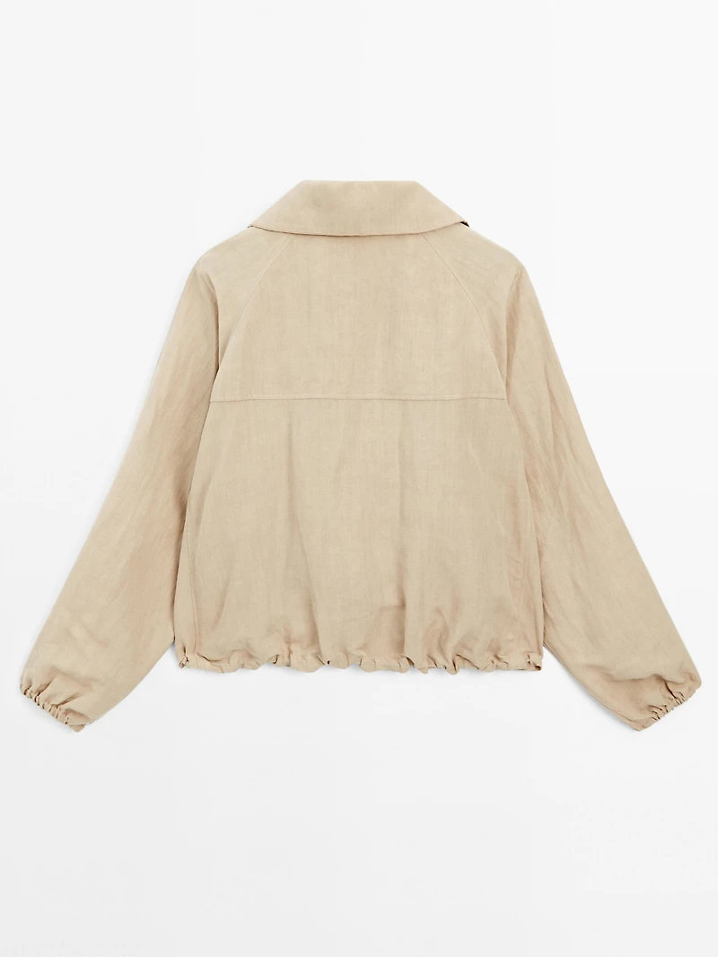High neck linen blend bomber jacket