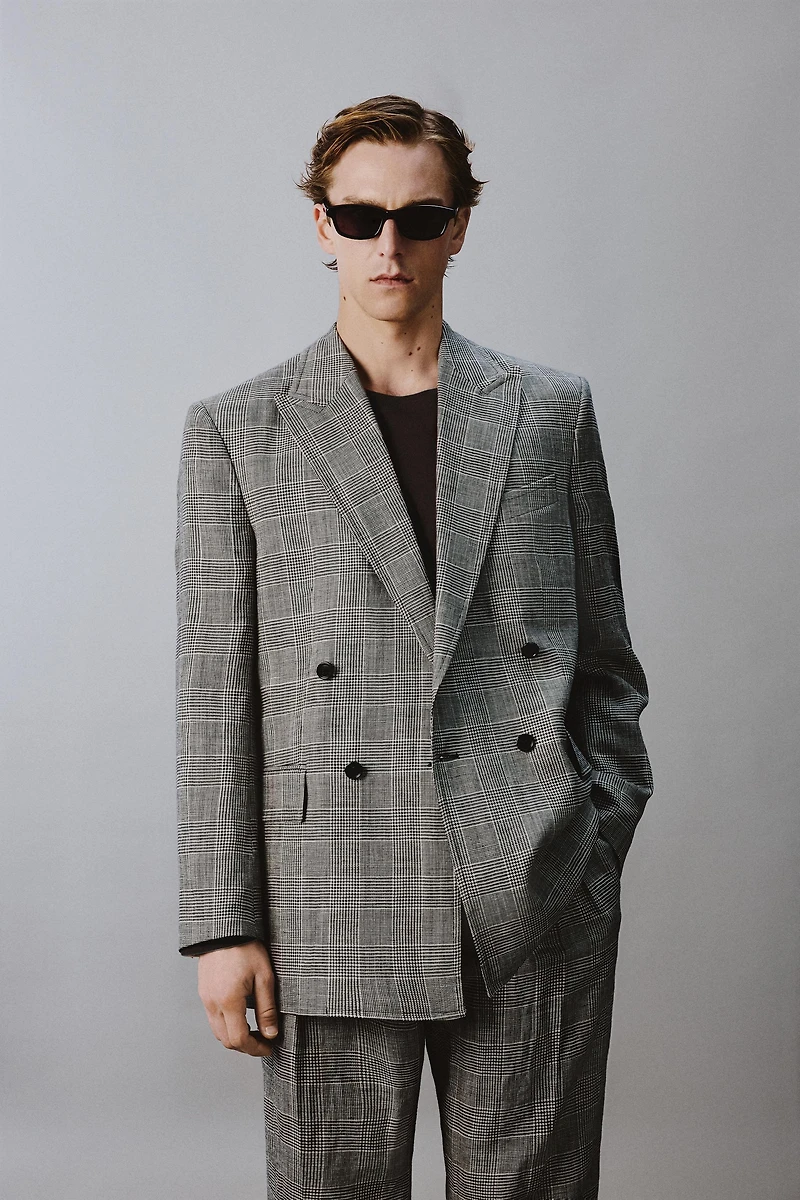 PLAID WOOL - LINEN DOUBLE BREASTED BLAZER AARON LEVINE X ZARA
