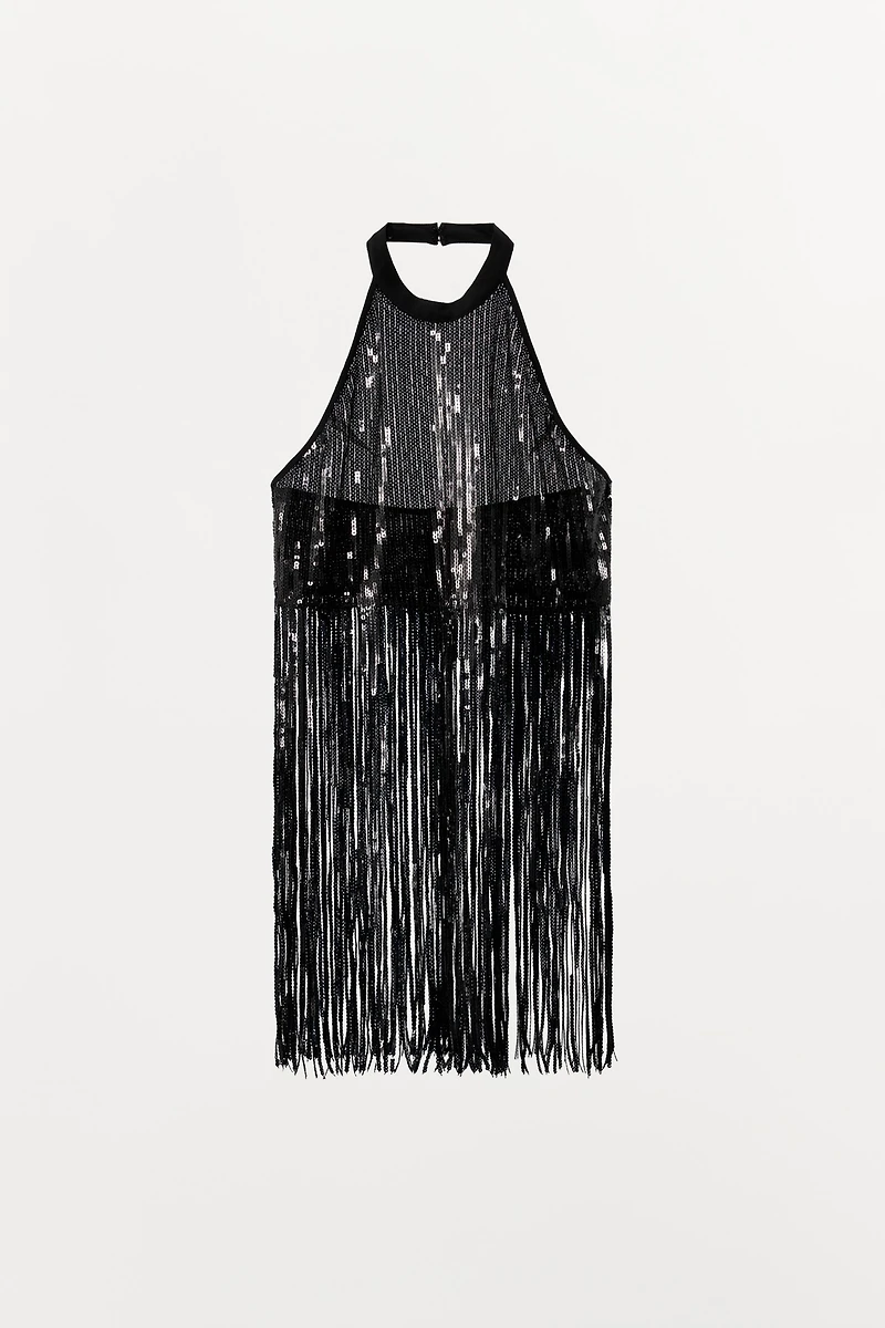 SEQUIN FRINGE HALTER TOP