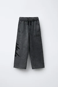 GRAFFITI WASHED EFFECT WIDE LEG PLUSH PANTS