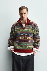 GEOMETRIC JACQUARD QUARTER-ZIP JUMPER