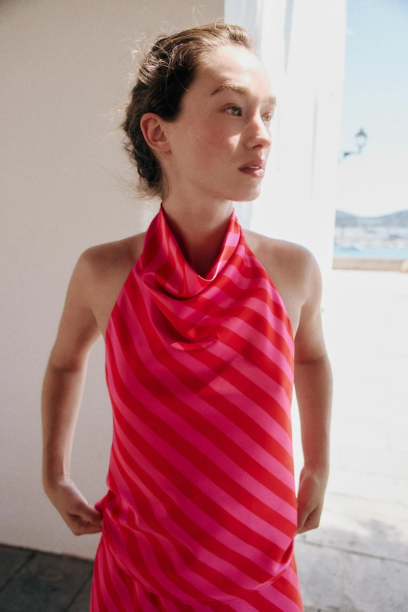 STRIPED SATIN HALTER TOP